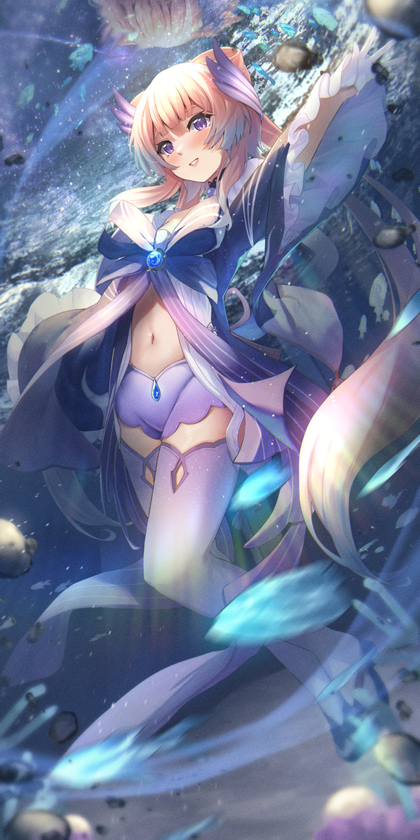 1girl anemone_noa bangs blunt_bangs blush bow bowtie commentary_request fish frilled_sleeves frills full_body genshin_impact gloves highres long_hair looking_at_viewer navel open_mouth pink_hair rock sangonomiya_kokomi short_shorts shorts smile solo thigh-highs underwater violet_eyes vision_(genshin_impact) water white_gloves wide_sleeves