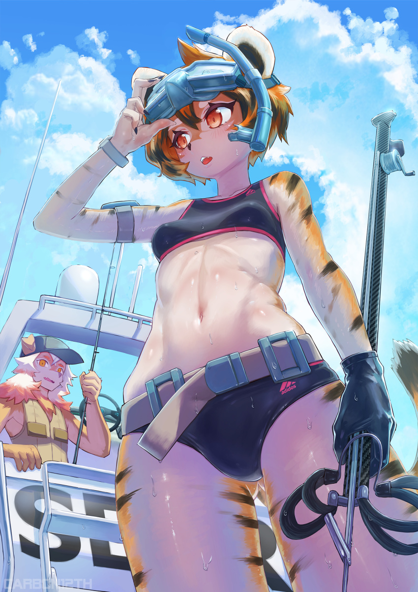 1boy 1girl :o abs absurdres animal_ears arknights bangs belt bikini black_bikini black_gloves blue_headwear blue_sky boat breasts carbon12th clouds cloudy_sky dog_boy dog_ears fishing_rod furry furry_female gloves goggles goggles_on_head green_vest hair_between_eyes highres holding holding_fishing_rod hung_(arknights) long_hair navel open_mouth orange_eyes orange_hair outdoors short_hair single_glove sky small_breasts summer sunglasses swimsuit tail tiger_ears tiger_girl tiger_tail vest waai_fu_(arknights) watercraft wet wet_hair
