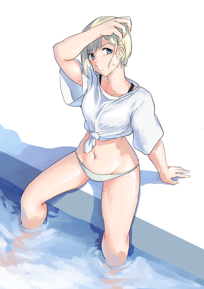 1girl absurdres adjusting_hair aqua_eyes arm_support collarbone erica_hartmann from_above highres partially_submerged pondo_(peng-model) shirt short_hair sitting solo spread_legs strike_witches sweat swimsuit water world_witches_series