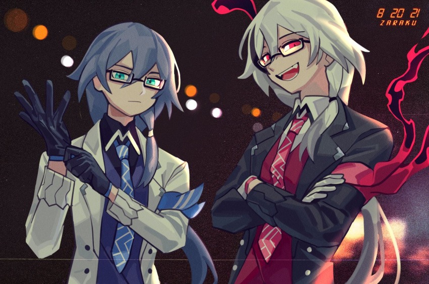 2girls :d alternate_costume artist_name bangs banned_artist black_gloves black_hair black_jacket blue_eyes blue_neckwear blue_vest closed_mouth crossed_arms fangs fu_hua fu_hua_(herrscher_of_sentience) fu_hua_(night_squire) glasses gloves hair_between_eyes hair_ornament holding holding_clothes holding_gloves honkai_(series) honkai_impact_3rd jacket long_hair long_sleeves looking_at_viewer multicolored_hair multiple_girls necktie open_mouth ponytail red_eyes red_neckwear red_vest smile streaked_hair vest white_gloves white_hair white_jacket zaraku