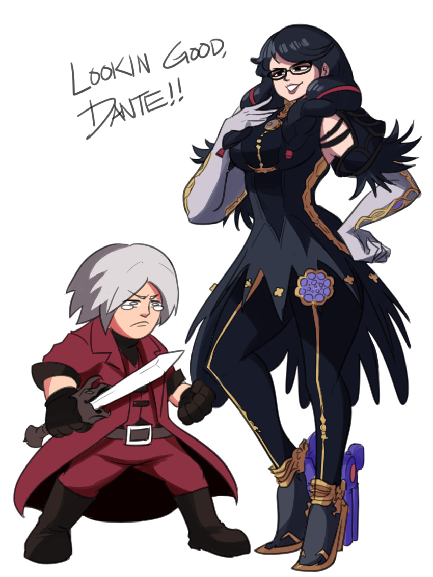 1boy 1girl bayonetta bayonetta_(series) bayonetta_3 black_hair braid clothing_cutout crossover dante_(devil_may_cry) devil_may_cry_(series) earrings glasses gloves gun highres jacket jewelry lipstick long_hair looking_at_viewer makeup mii_(nintendo) mole mole_under_mouth multicolored_hair rebellion_(sword) redhead ribbon silver_hair simple_background smile streaked_hair super_smash_bros. sword tears tina_fate twin_braids weapon white_background white_hair