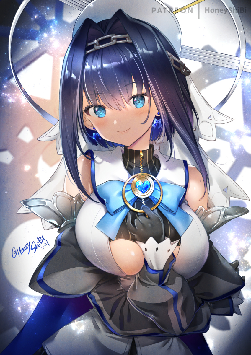1girl between_breasts black_gloves blue_eyes blue_hair blush breasts chain closed_mouth detached_sleeves earrings gloves hand_on_own_chest highres hololive hololive_english jewelry large_breasts looking_at_viewer ouro_kronii patreon_username shibi short_hair smile solo twitter_username under_boob upper_body virtual_youtuber