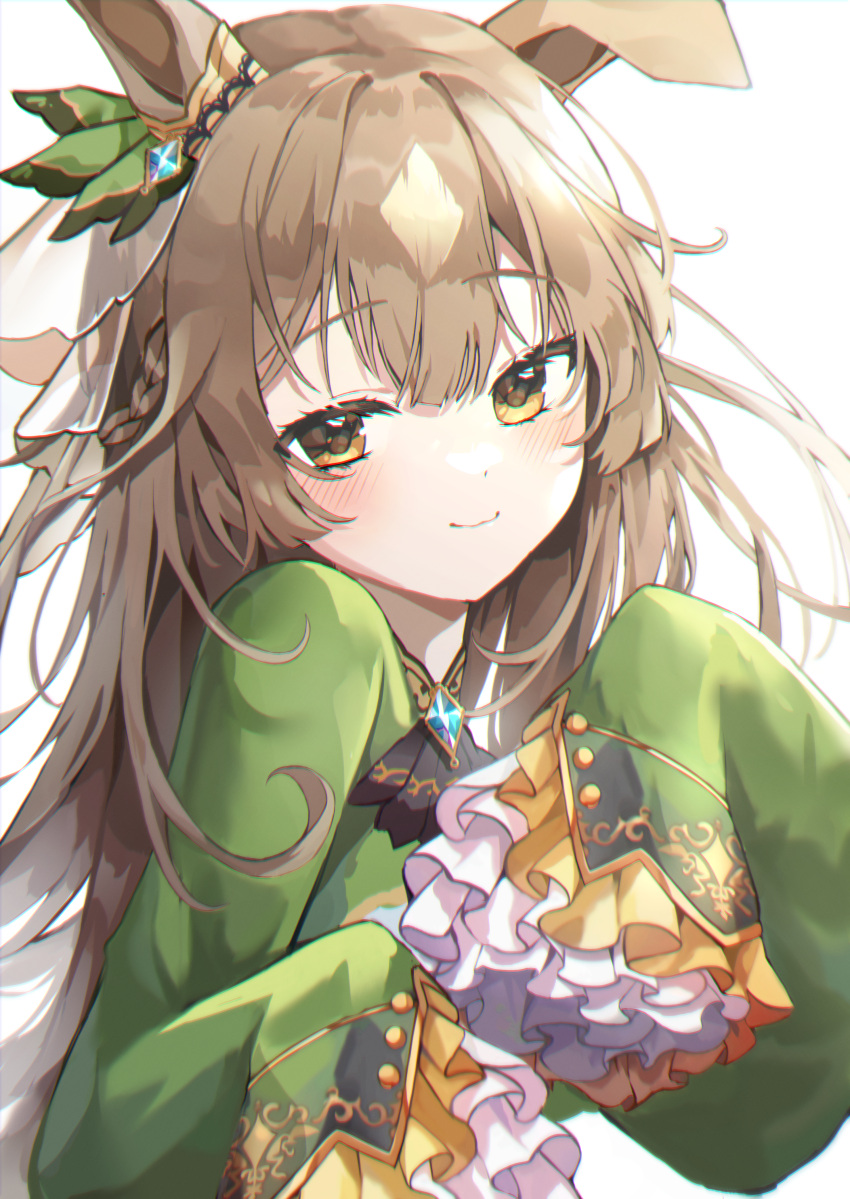 1girl absurdres animal_ears blush brown_eyes brown_hair closed_mouth dress eyebrows_visible_through_hair frilled_sleeves frills green_dress highres horse_ears horse_girl huge_filesize lisi long_hair satono_diamond_(umamusume) simple_background sleeves_past_fingers sleeves_past_wrists smile solo umamusume upper_body white_background