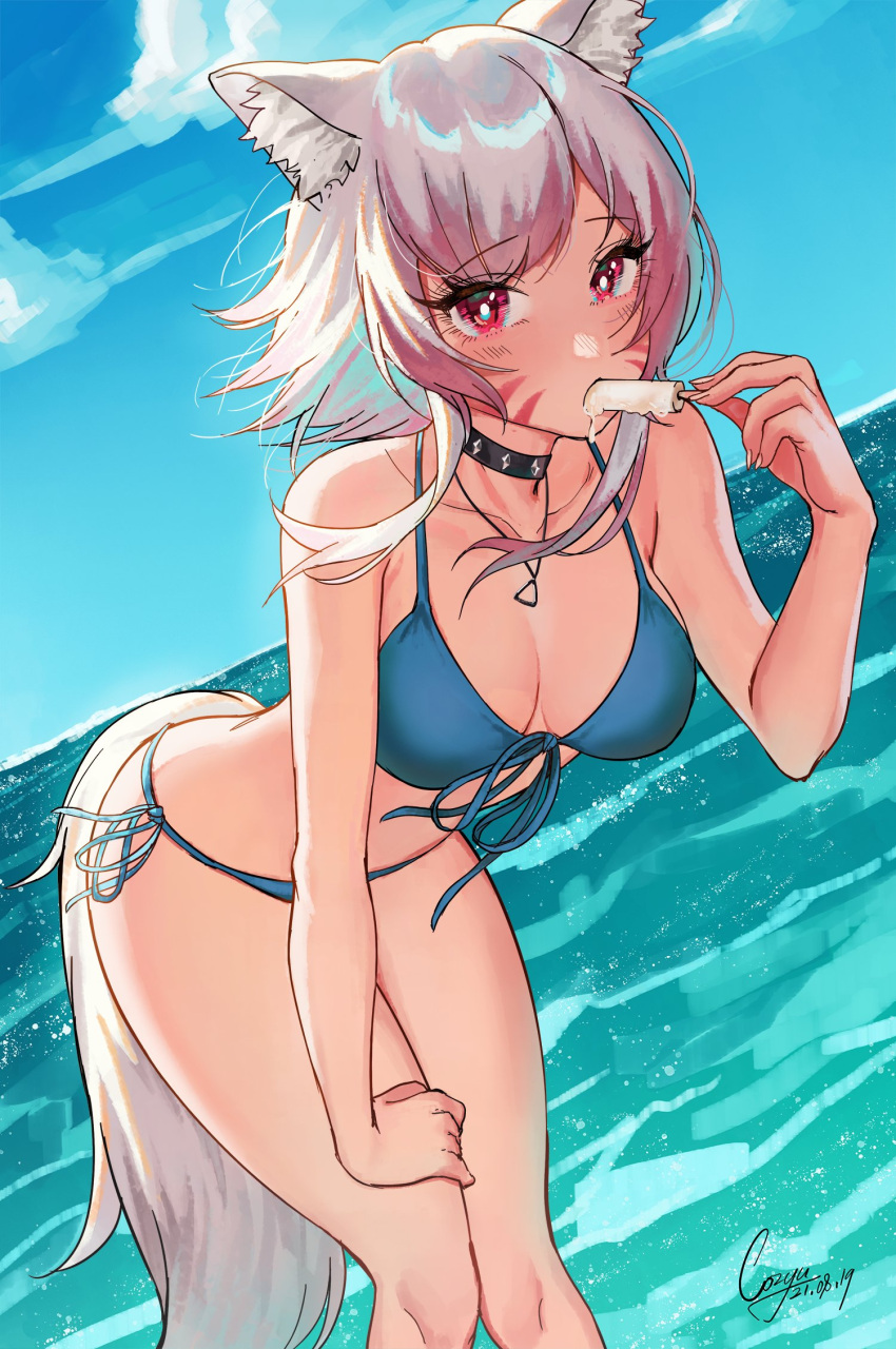 1girl animal_ear_fluff animal_ears bent_over bikini black_choker blue_bikini blue_sky blush breasts bright_pupils cat_ears choker commission cozyu day dutch_angle facial_mark final_fantasy final_fantasy_xiv food front-tie_bikini front-tie_top hand_on_own_knee highres holding horizon large_breasts looking_at_viewer medium_hair miqo'te ocean outdoors pink_hair popsicle red_eyes side-tie_bikini sky solo swimsuit tail whisker_markings white_pupils