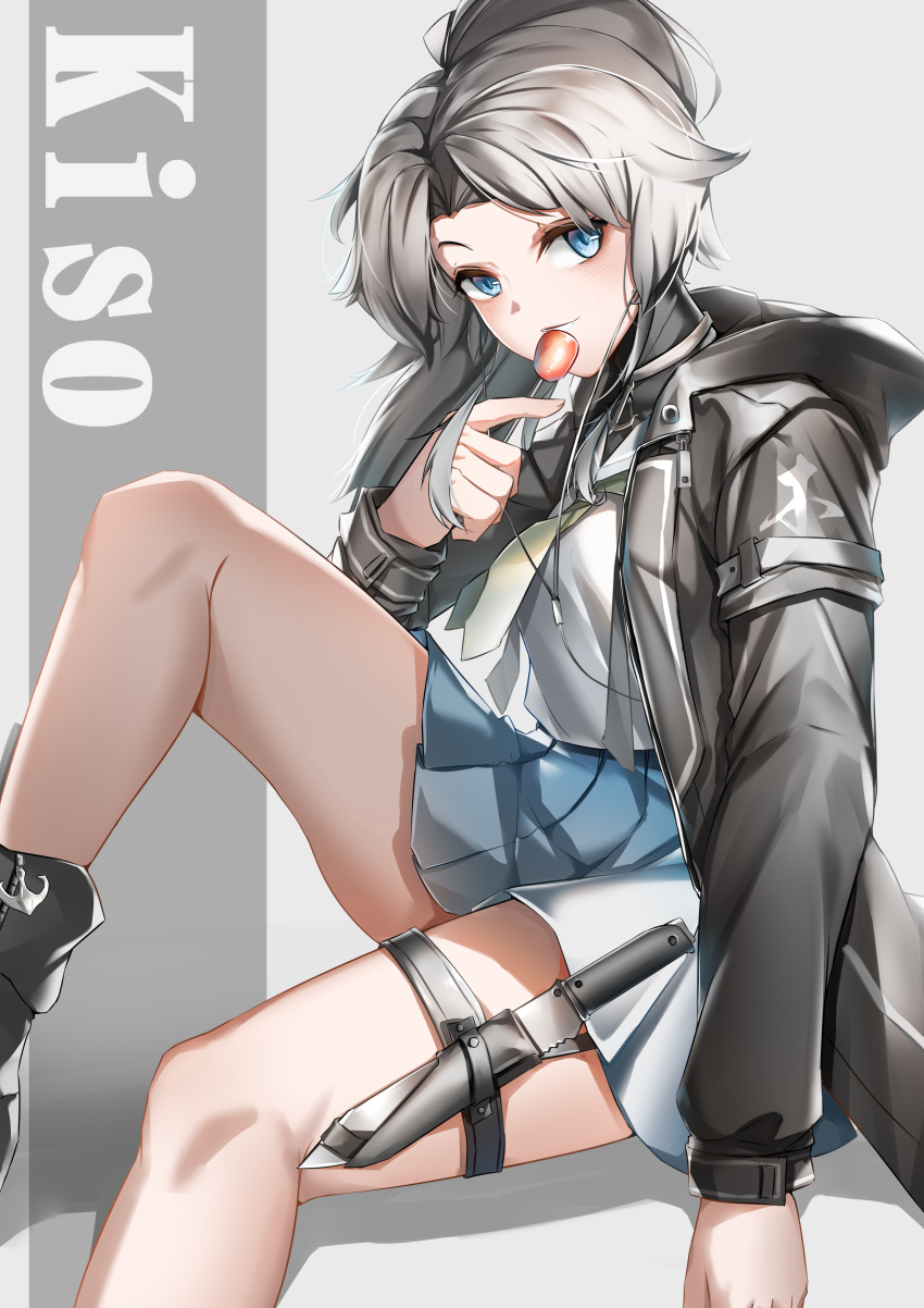 1girl absurdres black_jacket blue_eyes blue_skirt candy character_name closed_mouth eyebrows_visible_through_hair food grey_hair highres holding holding_candy holding_food holding_lollipop hood hooded_jacket jacket kiso_(warship_girls_r) knee_up knife_holster lollipop long_hair looking_at_viewer lubikaya necktie open_clothes open_jacket shirt simple_background sitting skirt solo warship_girls_r white_shirt
