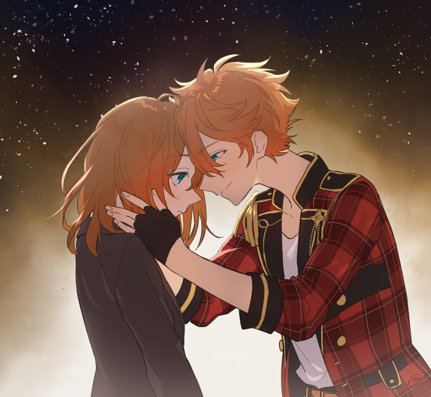 1boy 1girl akehoshi_subaru anzu_(ensemble_stars!) blue_eyes brown_hair business_suit ensemble_stars! epaulettes eye_contact fingerless_gloves formal gloves highres jacket long_hair looking_at_another office_lady orange_hair plaid plaid_jacket short_hair smile suit sumibiya_yasain