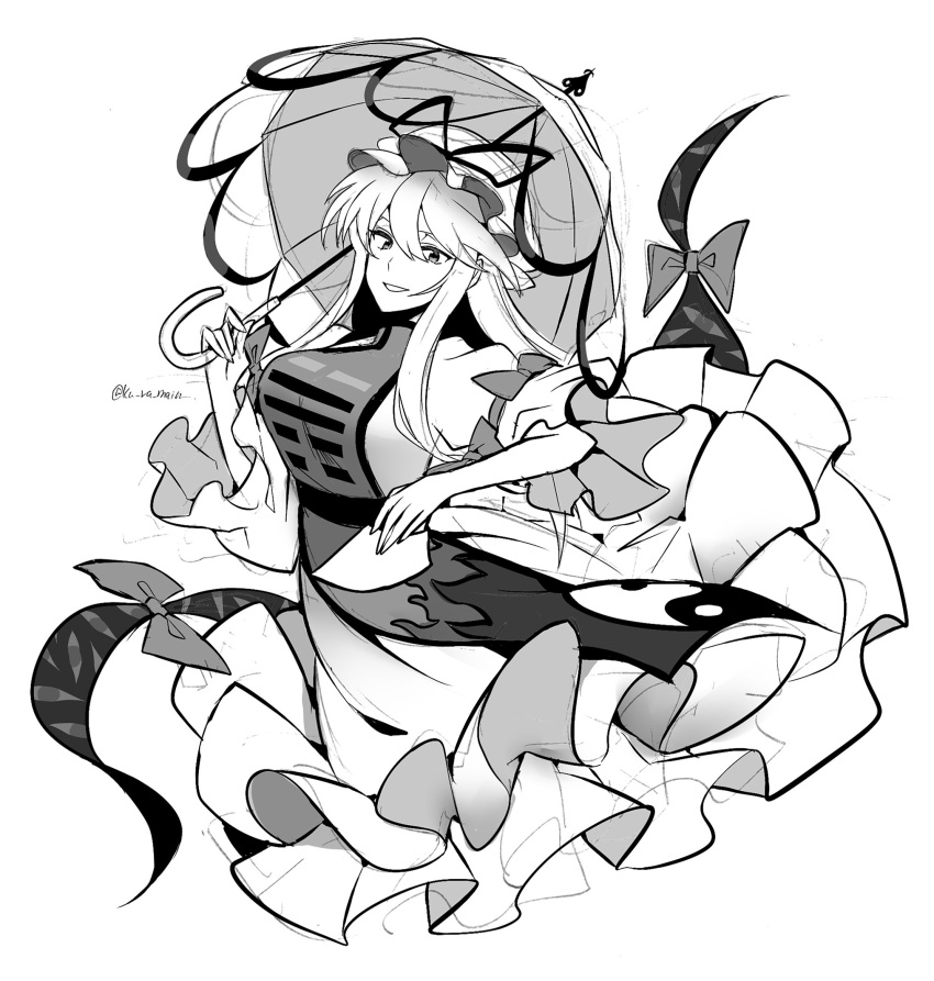1girl breasts commentary_request flame_print folding_fan gap_(touhou) hair_between_eyes hair_ribbon hand_fan hat highres holding holding_fan kuroshirase large_breasts long_hair looking_at_viewer mob_cap monochrome one-hour_drawing_challenge ribbon sidelocks simple_background smile solo tabard touhou transparent_background twitter_username umbrella umbrella_bow white_background wide_sleeves yakumo_yukari yin_yang yin_yang_print