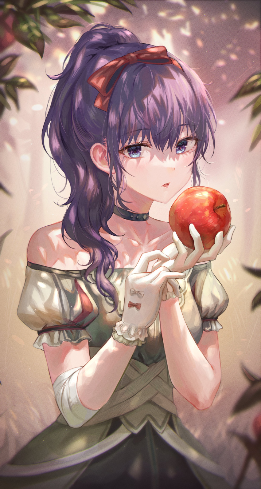 1girl :o absurdres apple asahina_mafuyu bangs bare_shoulders bow choker collarbone commentary_request dress eyebrows_visible_through_hair food fruit hair_bow hands_up highres holding holding_food holding_fruit long_hair looking_at_viewer open_mouth ponytail project_sekai puffy_short_sleeves puffy_sleeves purple_hair red_apple red_bow short_sleeves tokkyu violet_eyes white_bow