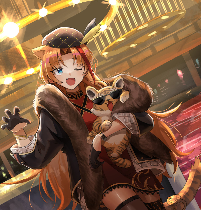 1girl absurdres animal_ears arknights blonde_hair blue_eyes claw_pose coat dress eyebrows_visible_through_hair fang fang_out fur-trimmed_coat fur_trim gloves hat highres kobarisusuz long_hair multicolored_hair official_alternate_costume one_eye_closed open_mouth red_dress redhead solo streaked_hair sunglasses swire_(arknights) swire_(honor_and_splendor)_(arknights) tail tiger tiger_ears tiger_girl tiger_tail very_long_hair