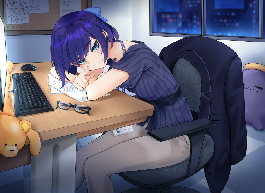 1girl a-chan_(hololive) absurdres ankimo_(tokino_sora) arm_support blue_bow blue_eyes blue_hair blue_shirt blush bow breasts bulletin_board cameo chair checkered checkered_floor city closed_mouth commentary computer desk english_commentary eyebrows_visible_through_hair eyewear_removed feet_out_of_frame grey_pants hair_bow hair_intakes half_updo head_rest highres hololive huge_filesize id_card indoors jacket jacket_removed keyboard_(computer) lanyard listener_(inugami_korone) looking_at_viewer medium_breasts monitor mouse_(computer) night office_chair official_alternate_costume ootoii pants paper pointing pointing_at_viewer shirt short_hair sitting smile solo ssrb striped striped_shirt stuffed_animal stuffed_toy subaru_duck tako_(ninomae_ina'nis) twitter_username vertical-striped_shirt vertical_stripes virtual_youtuber window