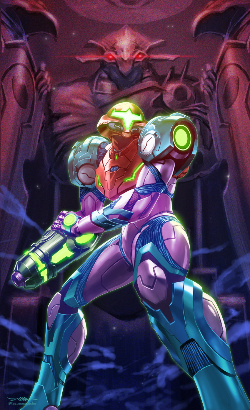 1girl absurdres arm_cannon armor glowing gun helmet highres looking_at_viewer metroid metroid_dread power_armor samus_aran science_fiction sidelocks simple_background solo upper_body varia_suit weapon yasukuni_kazumasa