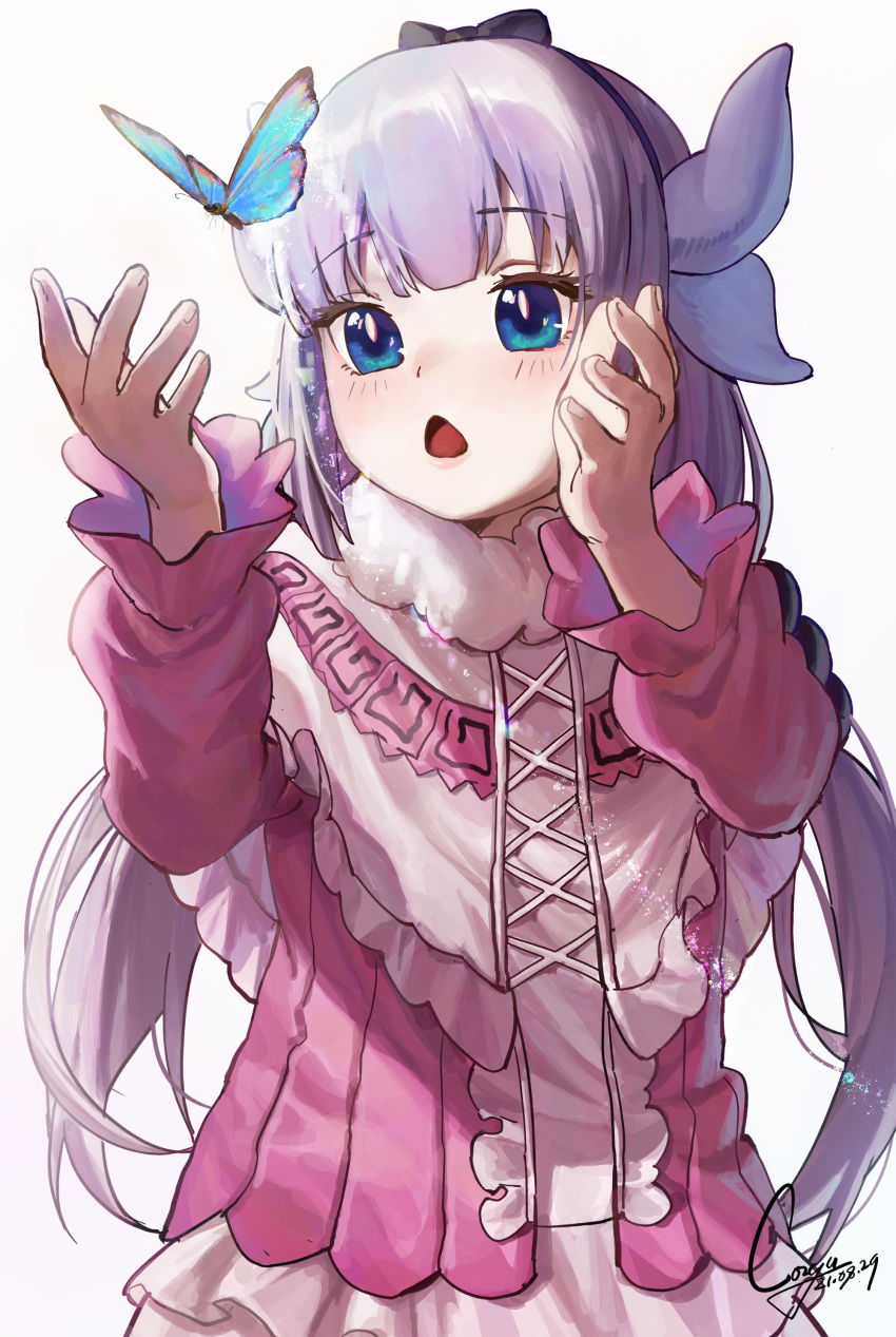 1girl :o absurdres blue_butterfly blue_eyes blush bow bow_hairband bug butterfly cozyu dated grey_hair hair_bow hairband hands_up heart heart_in_eye highres horns kanna_kamui kobayashi-san_chi_no_maidragon long_hair multiple_horns open_mouth pink_shirt shirt signature simple_background solo symbol_in_eye white_background