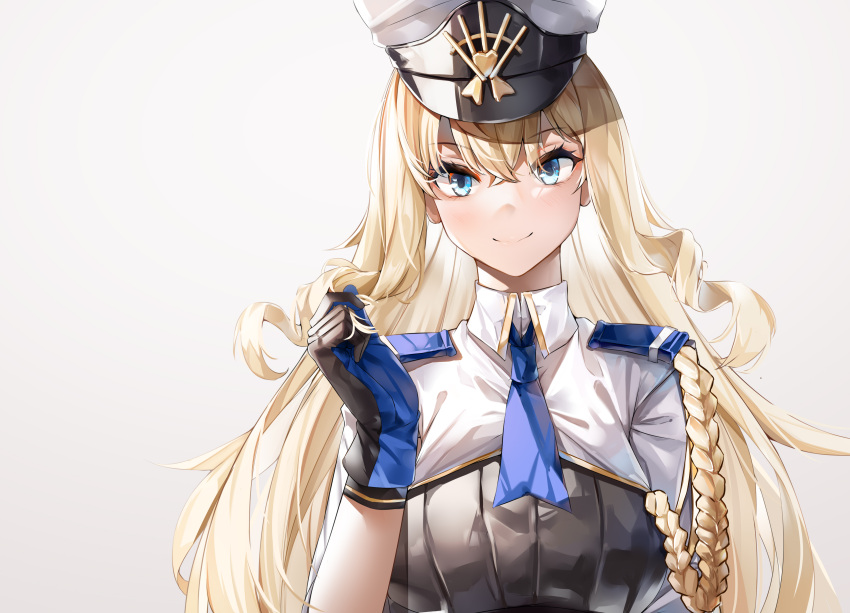 1girl absurdres alternate_uniform black_gloves blonde_hair blue_eyes blue_neckwear breasts character_request closed_mouth eyebrows_visible_through_hair gloves hand_in_hair hat highres long_hair lubikaya military_hat necktie smile solo uniform upper_body warship_girls_r white_background white_headwear