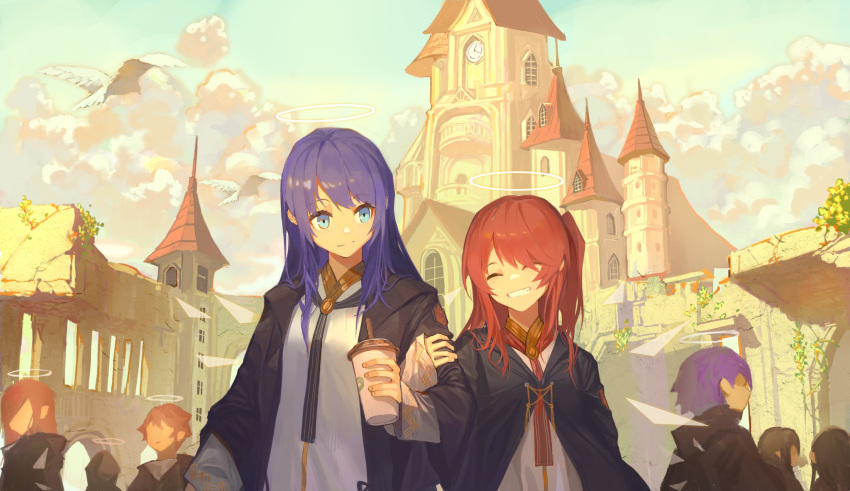 2girls ^_^ alternate_costume alternate_hairstyle arknights bangs black_cloak blue_eyes blue_hair building clay_(clayjun) cloak closed_eyes clouds commentary crowd cup day exusiai_(arknights) grin halo highres holding holding_cup long_hair mostima_(arknights) multiple_girls one_side_up open_cloak open_clothes outdoors redhead shirt smile upper_body white_shirt