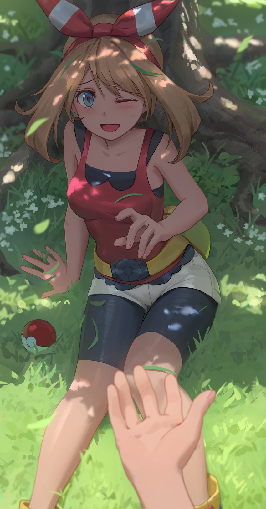 1girl absurdres bangs bare_shoulders belt bike_shorts black_shorts blue_eyes blush breasts brown_hair collarbone free_style_(yohan1754) hair_ribbon highres long_hair looking_at_viewer may_(pokemon) medium_breasts one_eye_closed open_mouth pokemon pokemon_(game) pokemon_oras pouch red_tank_top ribbon shorts sitting smile solo solo_focus tank_top
