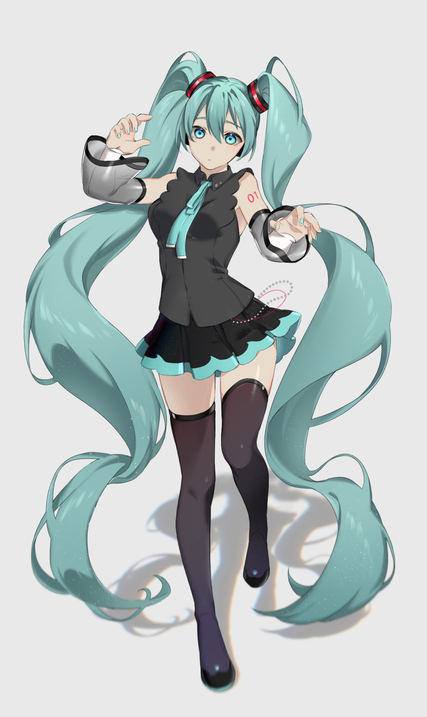 1girl alternate_color aqua_eyes aqua_hair aqua_nails aqua_neckwear bare_shoulders black_legwear black_shirt black_skirt boots chromatic_aberration commentary detached_sleeves expressionless full_body grey_background hair_ornament hand_up hatsune_miku hatsune_miku_(nt) highres ikura_(user_uuyj7743) layered_sleeves leg_up light_particles long_hair looking_at_viewer miniskirt nail_polish neck_ribbon piapro pleated_skirt ribbon see-through_sleeves shadow shirt shoulder_tattoo skindentation skirt sleeveless sleeveless_shirt solo standing standing_on_one_leg tattoo thigh-highs thigh_boots twintails very_long_hair vocaloid white_sleeves zettai_ryouiki