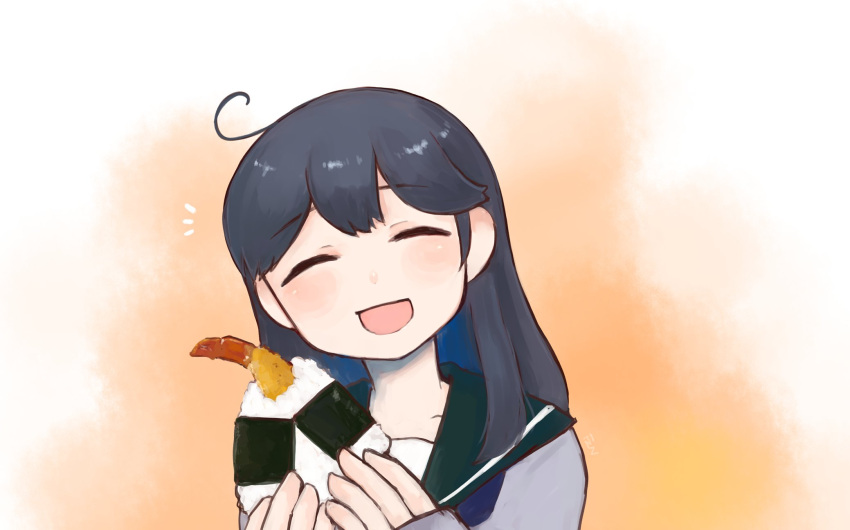 1girl ahoge black_hair blush cardigan closed_eyes eyebrows_visible_through_hair food fuzino gradient gradient_background highres kantai_collection long_hair onigiri open_mouth orange_background purple_cardigan sailor_collar school_uniform serafuku smile solo tempura uniform upper_body ushio_(kancolle) white_background