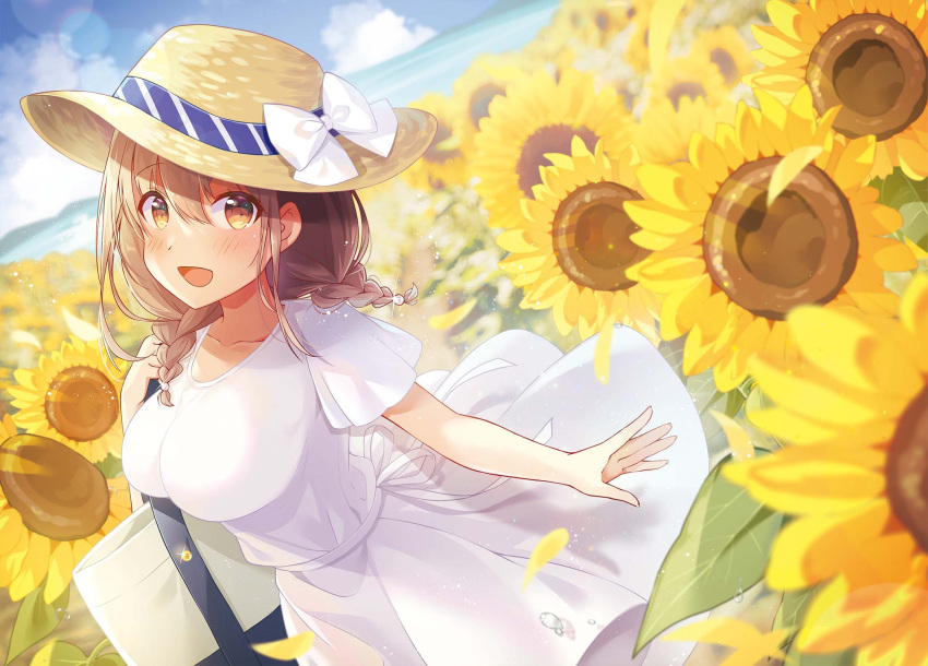 1girl :d bag blush bow braid breasts brown_eyes brown_hair brown_headwear collarbone commentary_request day dress dutch_angle field flower flower_field hat hat_bow highres horizon long_hair looking_at_viewer medium_breasts ocean open_mouth original outdoors petals pleated_dress shiro_kuma_shake short_sleeves smile solo summer sunflower twin_braids water white_bow white_dress yellow_flower