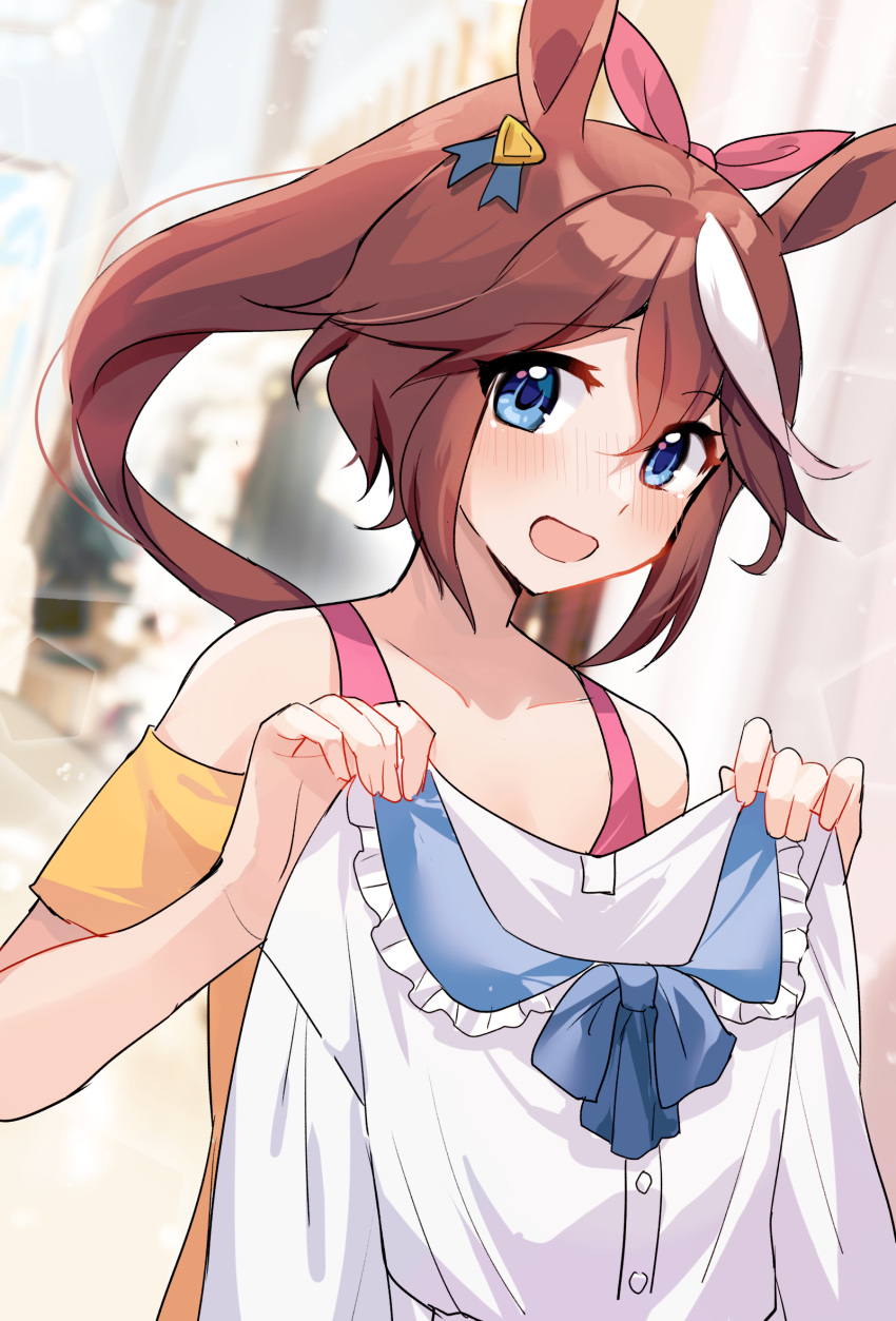 1girl akitsuki_(oenothera) blouse blue_eyes blush bow brown_hair commentary_request hair_between_eyes hair_bow highres holding holding_clothes holding_shirt horse_girl long_hair looking_at_viewer multicolored_hair off-shoulder_shirt off_shoulder open_mouth orange_shirt pink_bow pink_tank_top ponytail shirt shirt_removed solo streaked_hair tank_top tokai_teio_(umamusume) umamusume upper_body white_hair white_shirt
