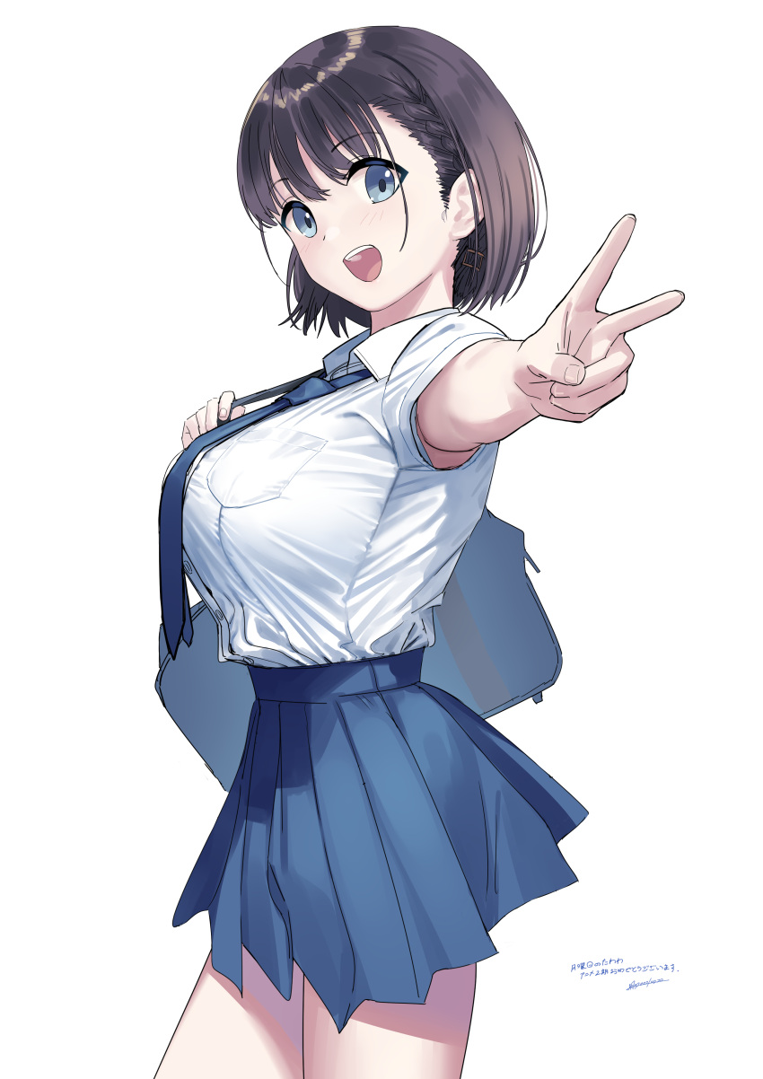 1girl :d absurdres ai-chan_(tawawa) bag black_hair blue_eyes blue_neckwear blue_skirt breasts eyebrows_visible_through_hair getsuyoubi_no_tawawa highres holding holding_bag kaedeko_(kaedelic) large_breasts looking_at_viewer open_mouth pleated_skirt shirt short_hair signature simple_background skirt smile solo thighs v white_background white_shirt