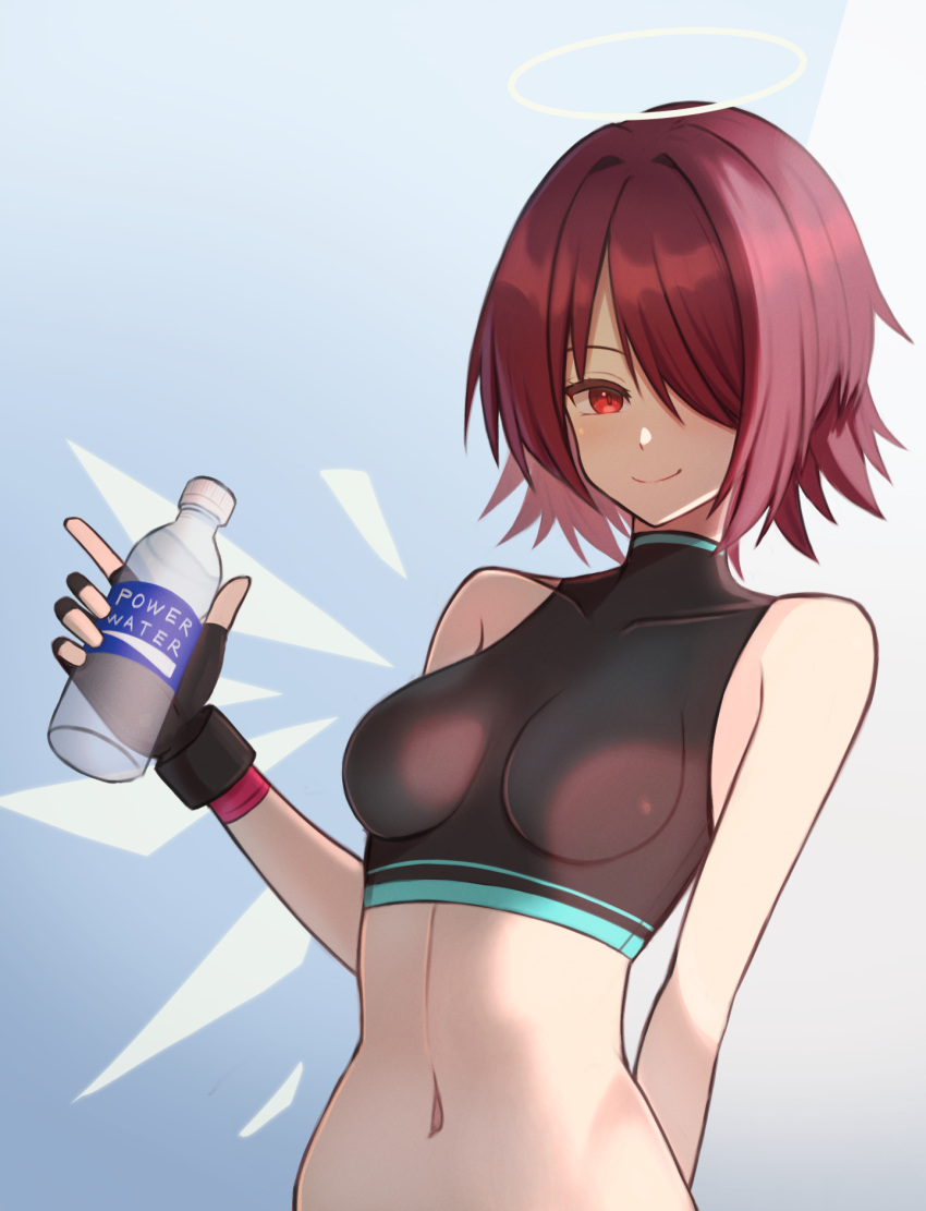 1girl arknights arm_behind_back bare_shoulders bottle clothing_cutout drink exusiai_(arknights) fingerless_gloves gloves gradient gradient_background hair_over_one_eye halo highres holding holding_drink midriff navel_cutout red_eyes redhead sanukiske simple_background smile solo swimsuit upper_body water_bottle wings