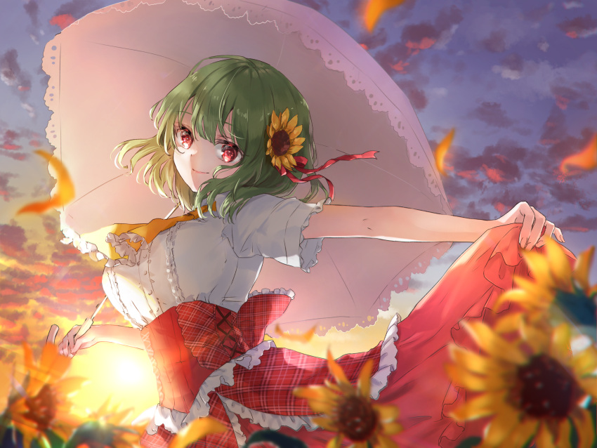 1girl ahoge ascot breasts center_frills clothes_lift clouds cloudy_sky collared_shirt commentary_request cropped_legs flower frills garden_of_the_sun hair_between_eyes hair_flower hair_ornament highres holding_parasol kazami_yuuka large_breasts looking_at_viewer parasol plaid plaid_skirt red_eyes shironeko_yuuki shirt short_hair short_sleeves skirt skirt_lift skirt_set sky smile solo sun sunflower sunflower_hair_ornament sunset touhou umbrella vest_removed white_shirt yellow_neckwear