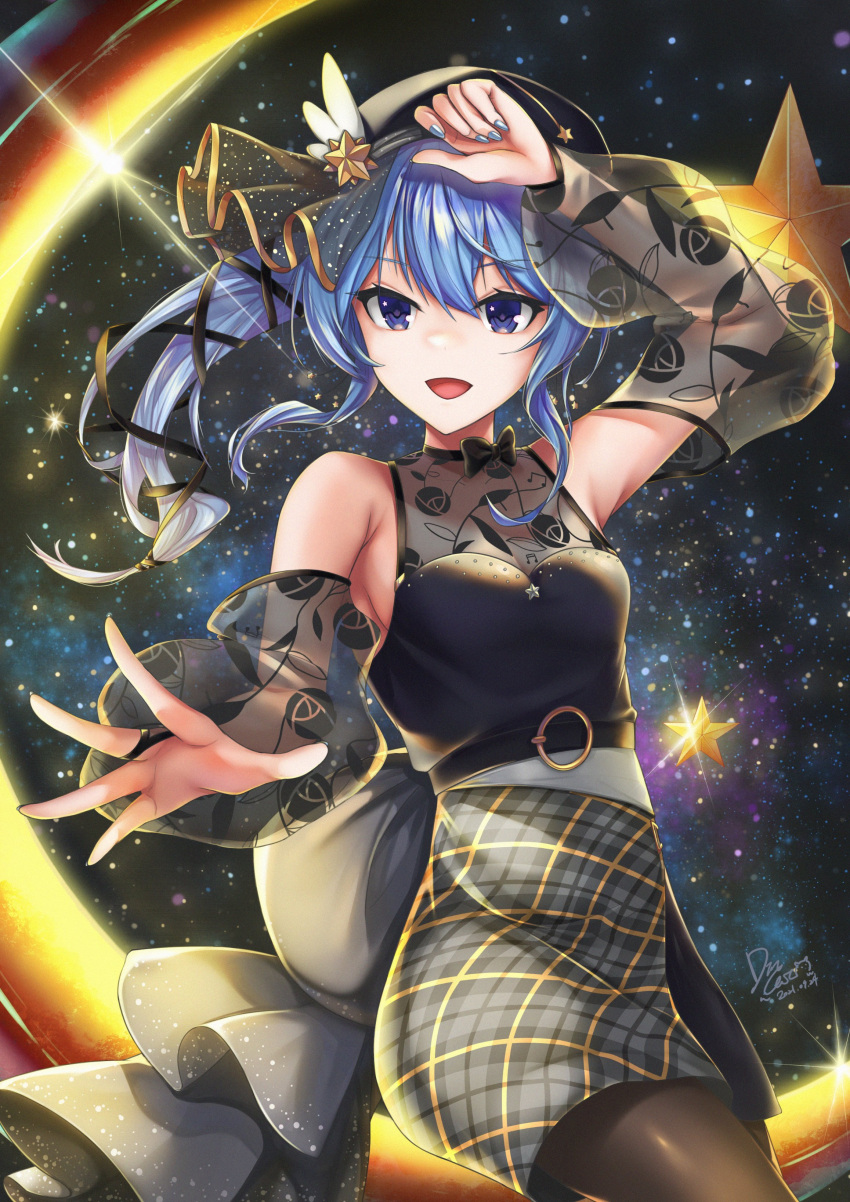 1girl :d absurdres arm_up bangs bare_shoulders black_bow black_ribbon black_shirt blue_eyes blue_hair blue_nails bow breasts brown_legwear commentary_request cowboy_shot dated detached_sleeves dincat eyebrows_visible_through_hair floating_hair grey_skirt hair_ribbon highres hololive hoshimachi_suisei long_hair long_sleeves looking_at_viewer medium_breasts nail_polish night night_sky open_mouth pantyhose plaid plaid_skirt ribbon see-through_sleeves shirt side_ponytail sidelocks signature skirt sky sleeveless sleeveless_shirt smile solo star_(sky) star_(symbol) star_in_eye starry_sky symbol_in_eye virtual_youtuber