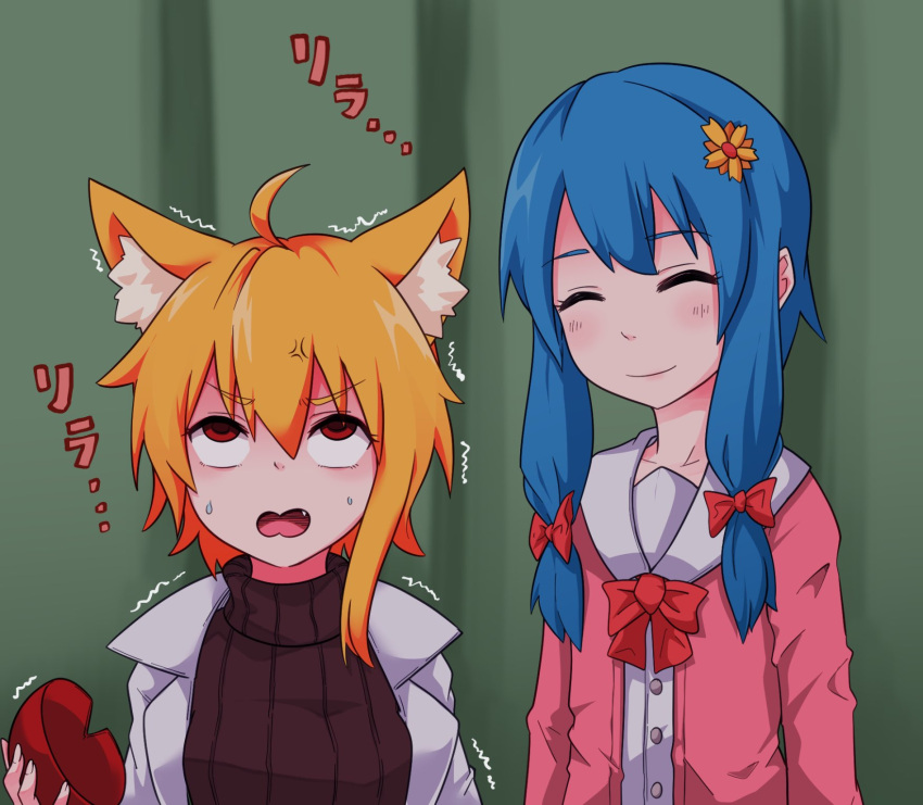 2girls ahoge alternate_costume anger_vein animal_ear_fluff animal_ears asymmetrical_hair bangs blonde_hair blue_hair bow bowl breasts brown_sweater closed_eyes closed_mouth coat commentary_request cookie_(touhou) eyebrows_visible_through_hair fang flower fox_ears fox_girl hair_bow hair_flower hair_ornament highres labcoat long_hair medium_hair miramikaru_miran miramikaru_riran multiple_girls open_mouth pink_sweater red_bow red_eyes rice_bowl rolling_eyes sidelocks small_breasts smile sweater trembling upper_body white_coat yan_pai