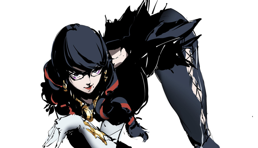 arched_back back_cutout bayonetta bayonetta_(series) bayonetta_3 black_eyes black_hair black_legwear clothing_cutout crossed_arms earrings english_commentary flexible glasses gloves highres jewelry kuno_(runkunochan) leggings long_hair looking_at_viewer mole mole_under_mouth multicolored_hair red_lips redhead simple_background sketch streaked_hair two-tone_hair white_background white_gloves