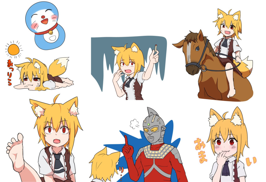 1boy 1girl ahoge animal_ear_fluff animal_ears asymmetrical_hair bangs barefoot black_neckwear blonde_hair bodysuit breasts brown_skirt brown_vest collared_shirt commentary_request cookie_(touhou) crossover doraemon doraemon_(character) eyebrows_visible_through_hair fang feet fox_ears fox_girl fox_tail glowing glowing_eyes headgear helmet highres horse horseback_riding looking_at_another mask medium_hair melting miramikaru_riran multiple_crossover necktie open_mouth red_bodysuit red_eyes riding shirt short_sleeves sidelocks skirt small_breasts soles tail ultra_seven ultra_seven_(series) upper_body vest white_background white_shirt yan_pai