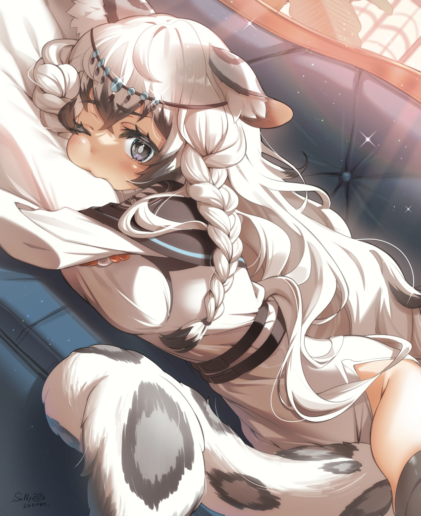 1girl absurdres animal_ears arknights between_legs braid breasts couch dress grey_eyes grey_hair highres large_breasts leopard_ears long_hair lying object_hug on_couch one_eye_closed pillow pillow_hug pramanix_(arknights) sallyzaemon signature tail tail_between_legs thigh-highs white_dress