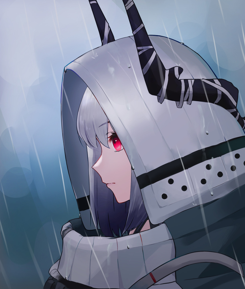 1girl arknights bangs coat eyebrows_behind_hair eyebrows_visible_through_hair from_side grey_hair hat highres hood hoodie horns mudrock_(arknights) oni22 rain red_eyes scarf silver_hair simple_background solo upper_body