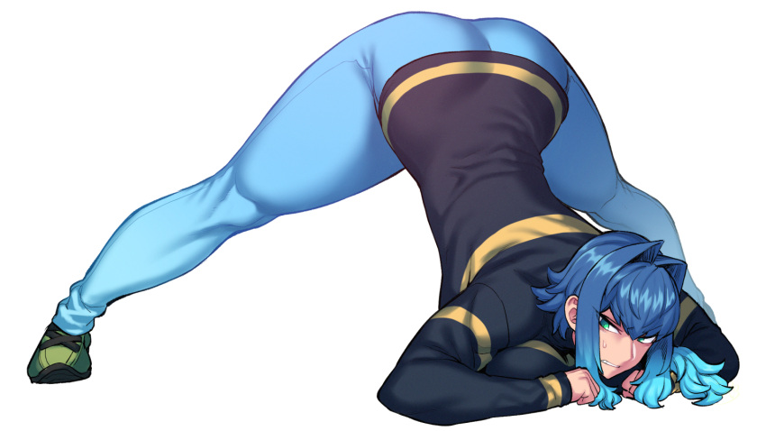 1girl blue_hair breasts clenched_teeth full_body green_eyes hands_on_ground highres jack-o'_challenge large_breasts meme original ponytail sidelocks solo spacezin sweatdrop teeth thick_thighs thighs top-down_bottom-up wide_spread_legs zoe_(spacezin)