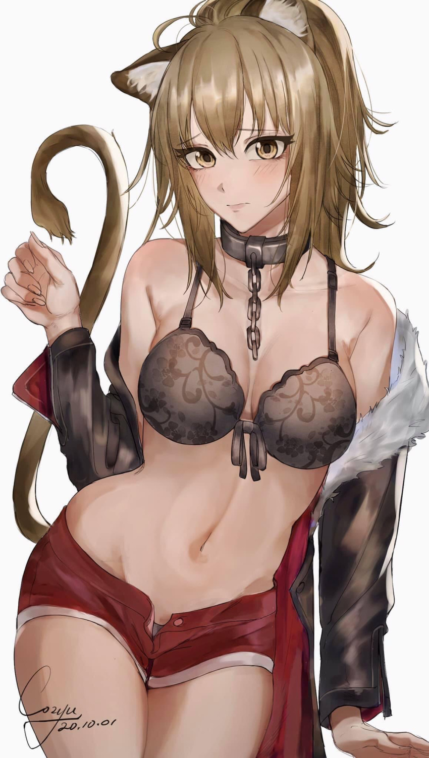 1girl animal_ears arknights blonde_hair blush bra breasts chain closed_mouth collar commentary cowboy_shot cozyu dated embarrassed english_commentary front-tie_bra grey_bra grey_jacket hand_up highres jacket large_breasts lion_ears lion_tail long_hair long_sleeves looking_at_viewer metal_collar micro_shorts navel off_shoulder open_clothes open_shorts red_shorts shorts siege_(arknights) signature simple_background solo tail tail_raised underwear white_background yellow_eyes