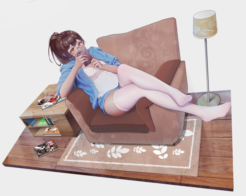 1girl absurdres bangs blue_jacket blue_shorts breasts brown_hair cellphone chinese_commentary commentary_request couch feet full_body glasses hands_up highres holding holding_phone jacket lamp long_hair looking_at_viewer magazine medium_breasts no_shoes on_couch original phone ponytail qizhu red_eyes shirt shorts sitting smartphone solo thigh-highs toes white_legwear white_shirt wooden_floor