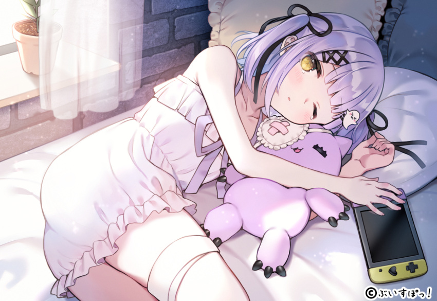 1girl bandaged_leg bandages bangs bare_arms bare_shoulders blush character_request collarbone commentary_request curtains day dress eyebrows_visible_through_hair frilled_dress frilled_pillow frills hair_ornament hairclip handheld_game_console heart indoors lying nishizawa on_bed on_side one_eye_closed parted_lips pillow plant potted_plant purple_hair sleeveless sleeveless_dress solo stuffed_animal stuffed_cat stuffed_toy sunlight tears transparent virtual_youtuber vspo! white_dress window x_hair_ornament yellow_eyes
