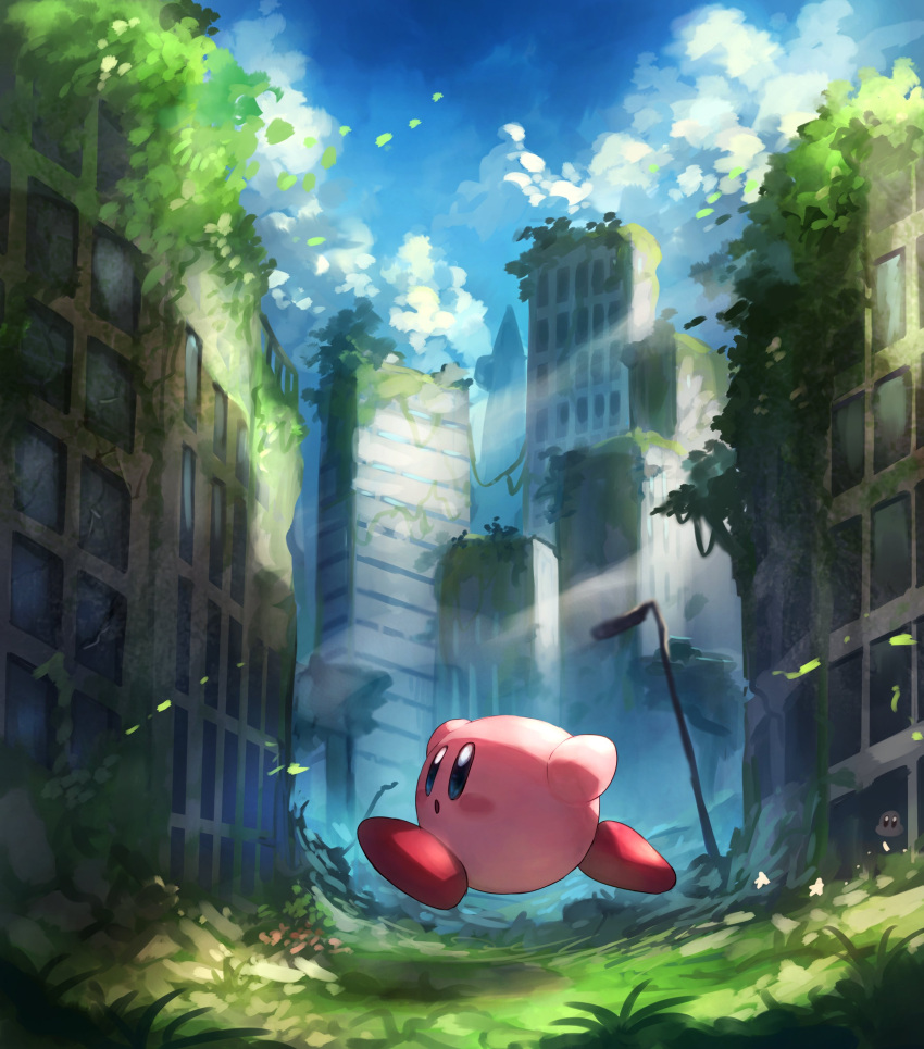 absurdres blue_eyes blue_sky building clouds day grass highres kirby kirby_(series) kirby_and_the_forgotten_land moss overgrown ruins running shiburingaru sky solo
