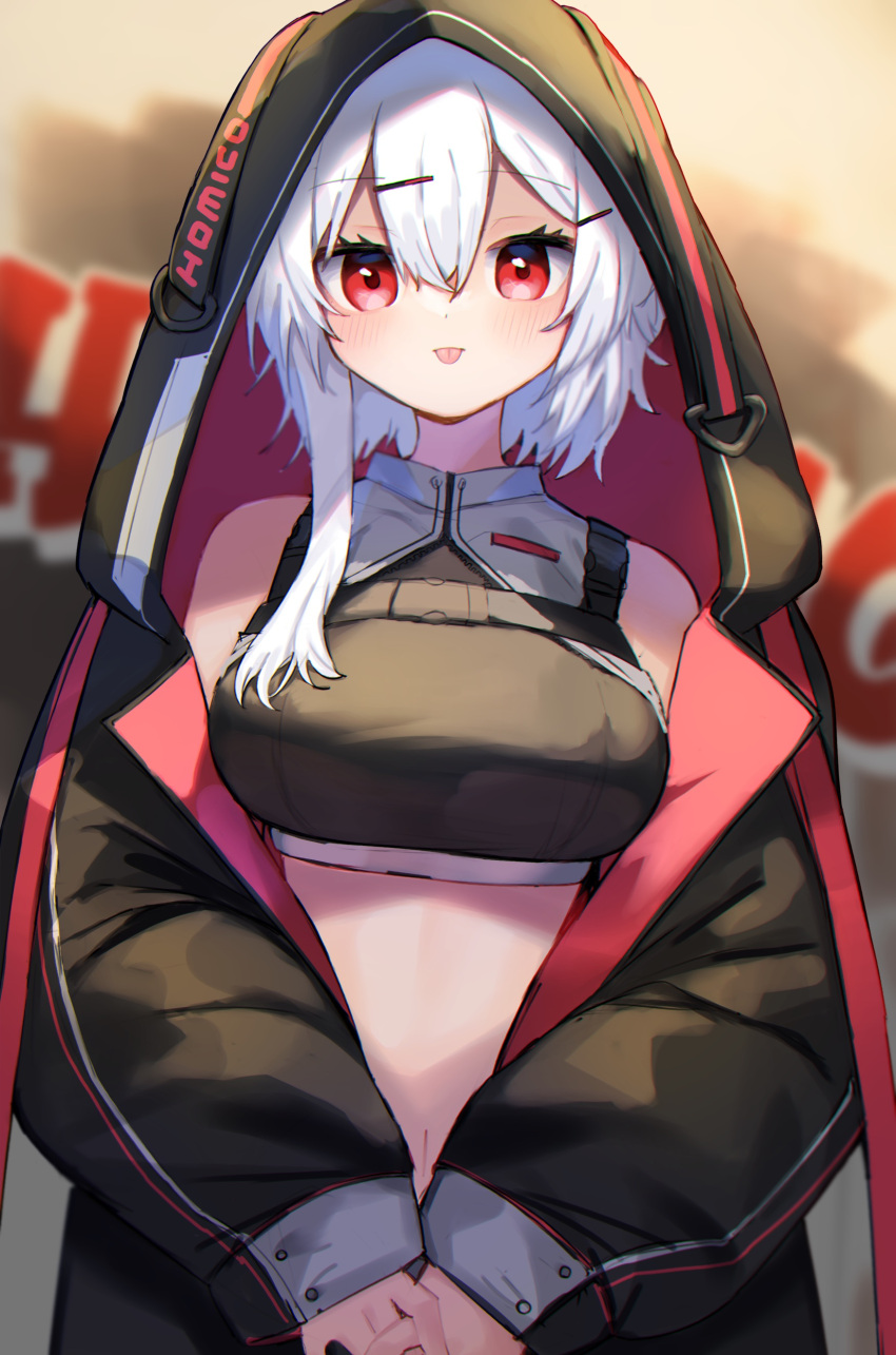 1girl :p absurdres bangs bare_shoulders black_coat blush breasts closed_mouth coat commentary_request crop_top daifukumochi_(akaaokiiwo) eyebrows_visible_through_hair graffiti hair_ornament hairclip highres hood hood_up hooded_coat long_sleeves looking_at_viewer medium_breasts navel original own_hands_together red_eyes short_hair_with_long_locks silver_hair single_sidelock smile solo tongue tongue_out upper_body