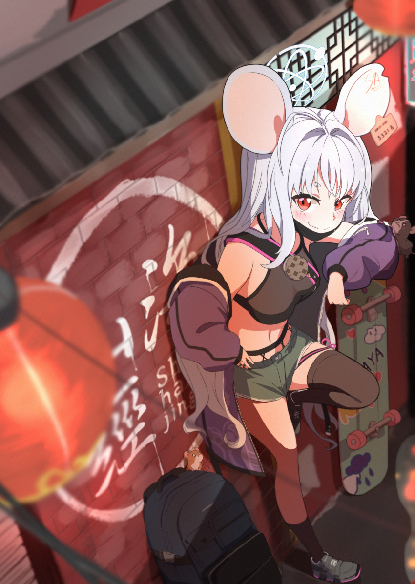 absurdres against_wall animal_ears bag blue_archive blush breasts casual commentary_request grey_hair highres lantern leg_up mask midriff mouse_ears mouth_mask navel pre_sktch red_eyes saya_(blue_archive) skateboard sleeves small_breasts smile standing