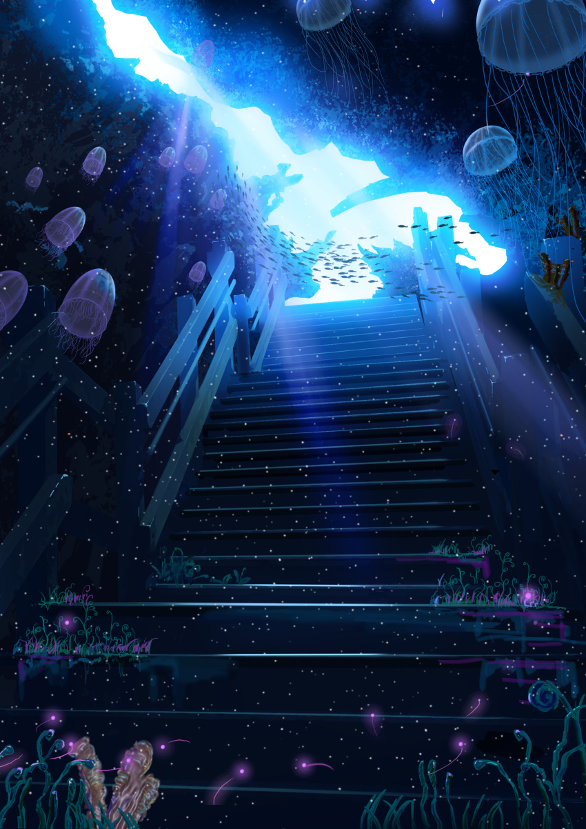 absurdres fish highres jellyfish no_humans ocean original scenery school_of_fish stairs sumassha_t_t underwater