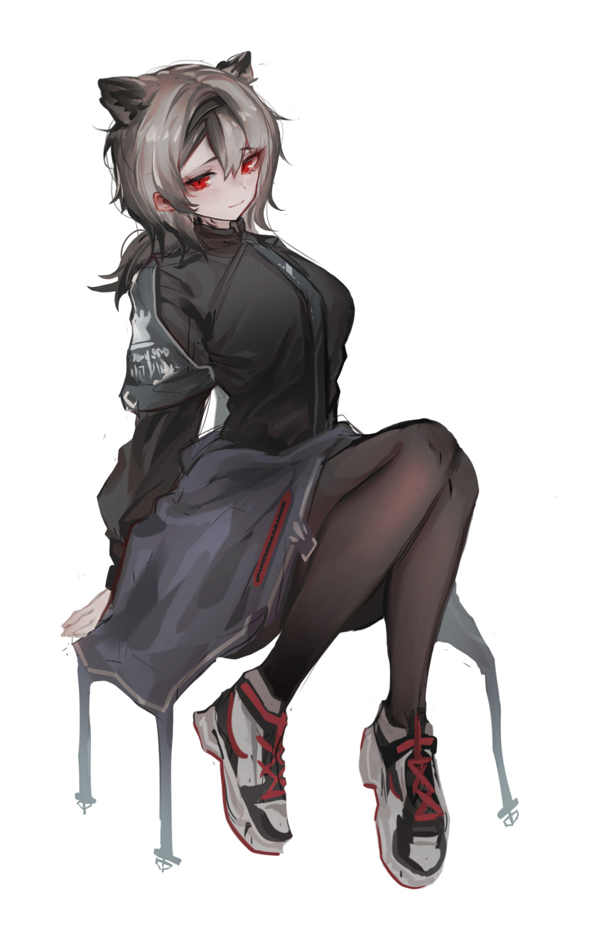 1girl absinthe_(arknights) absurdres animal_ears arknights bear_ears black_footwear black_pantyhose black_shirt extra_ears full_body grey_hair highres invisible_chair kaguura_(kagu) long_sleeves looking_at_viewer medium_hair pantyhose red_eyes rhodes_island_logo shirt shoes simple_background sitting smile sneakers solo two-tone_footwear white_background white_footwear