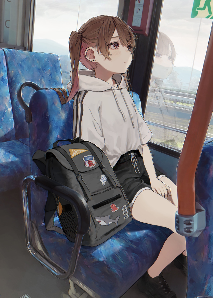 1girl absurdres backpack bag bangs black_bag black_footwear black_shorts blush brown_eyes brown_hair bus bus_interior chair closed_mouth colored_inner_hair daluto_(hitomi555) expressionless ground_vehicle highres hood hoodie long_hair motor_vehicle multicolored multicolored_hair original reflection shoes short_sleeves shorts sitting sneakers solo twintails white_hoodie window