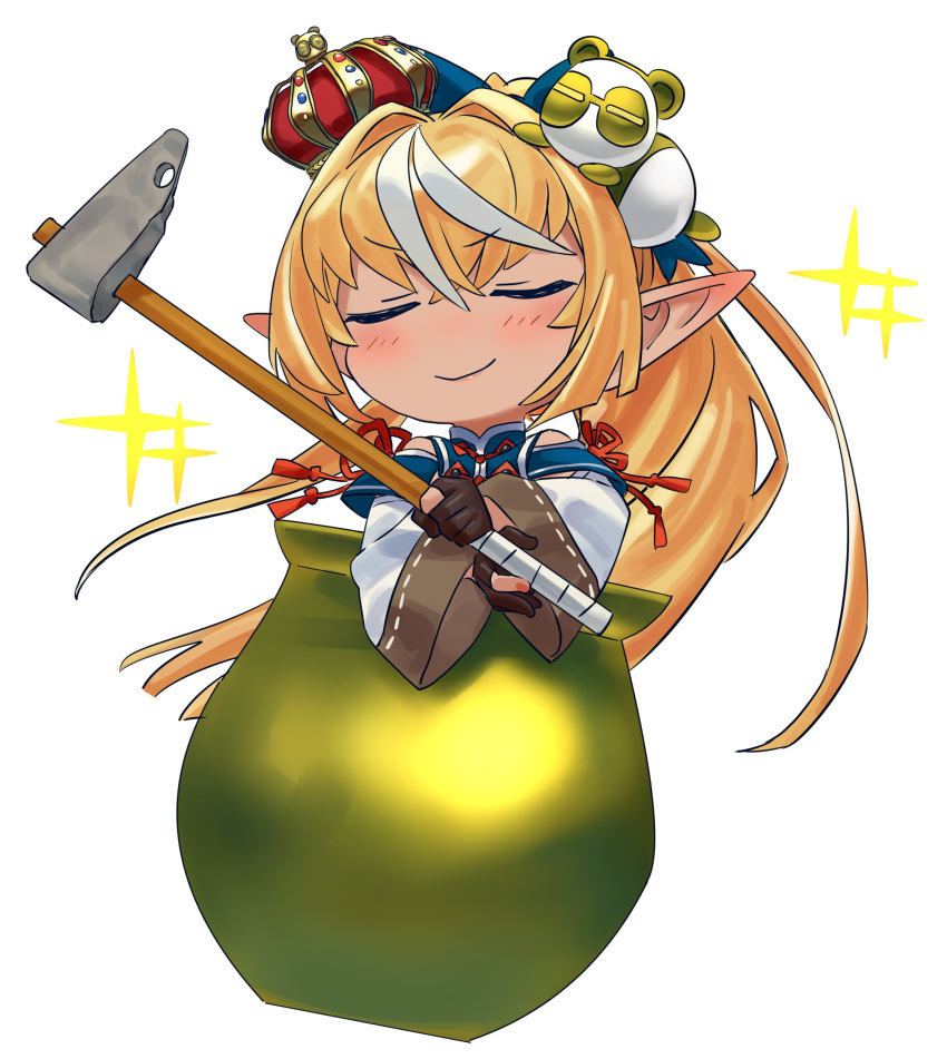 1girl absurdres brown_gloves cauldron chibi closed_eyes crown getting_over_it gloves golden_cauldron hammer highres hololive in_cauldron long_hair partially_fingerless_gloves pointy_ears ponytail shiranui_flare sledgehammer smile solo v-shaped_eyebrows virtual_youtuber wide_sleeves yomosaka