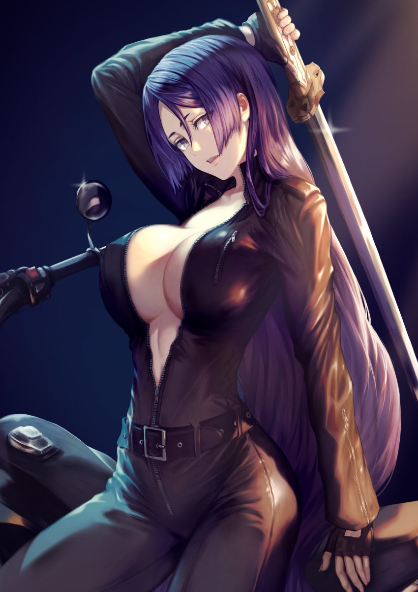 1girl arm_up bangs belt bodysuit breasts fate/grand_order fate_(series) fingerless_gloves gloves ground_vehicle highres holding holding_sword holding_weapon jacket katana large_breasts long_hair looking_at_viewer minamoto_no_raikou_(fate) motor_vehicle motorcycle open_clothes open_mouth purple_hair sitting solo sword very_long_hair violet_eyes weapon yasu_(segawahiroyasu)