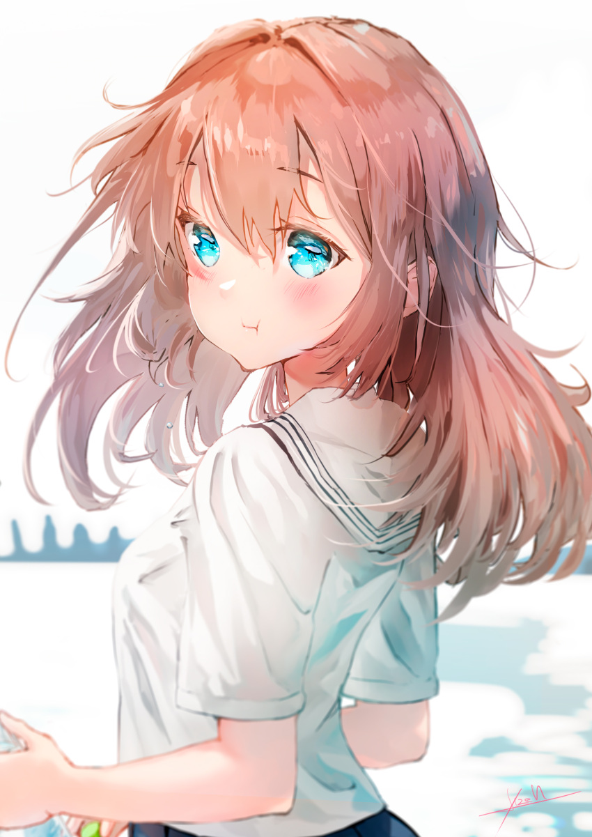 1girl absurdres blouse blue_eyes blush brown_hair eyebrows_visible_through_hair hair_between_eyes highres holding long_hair looking_at_viewer looking_back ojay_tkym original pout pouty_lips sailor_collar short_sleeves signature solo upper_body white_blouse white_sailor_collar