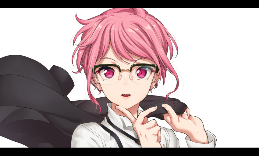 1girl aya_shachou bang_dream! black-framed_eyewear black_neckwear finger_to_own_chin glasses highres holding holding_clothes holding_jacket jacket jacket_over_shoulder letterboxed looking_at_viewer maruyama_aya necktie parted_lips pink_hair shirt short_hair simple_background solo upper_body white_background white_shirt
