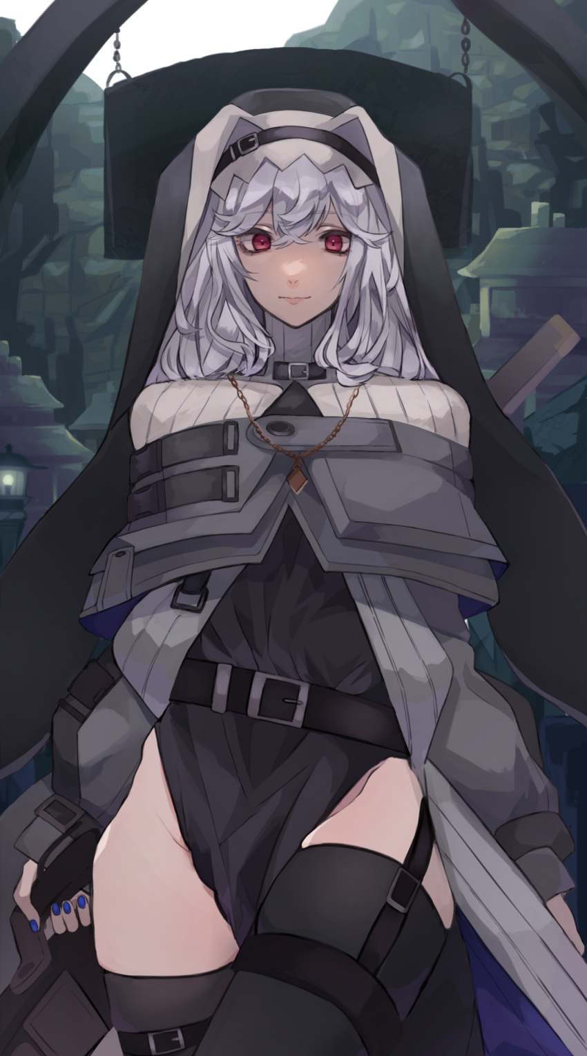1girl absurdres arknights bangs belt black_belt black_cape black_dress black_headwear blue_nails breasts cape capelet chunta closed_mouth commentary_request cowboy_shot dress garter_straps grey_hair habit hair_between_eyes highres holding holding_weapon jewelry long_hair long_sleeves looking_at_viewer nail_polish necklace nun red_eyes specter_(arknights) thigh-highs thighs weapon zettai_ryouiki