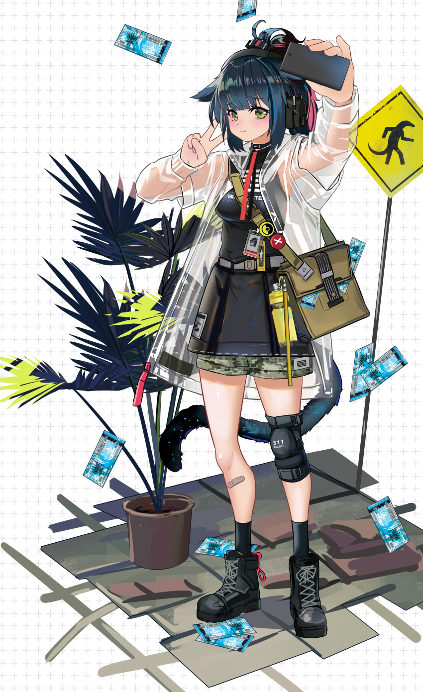 1girl absurdres animal_ears arknights bag bangs black_dress black_footwear black_hair black_legwear boots camouflage camouflage_shorts cat_ears cat_girl cat_tail closed_mouth dress earmuffs full_body green_eyes hamachi_hazuki highres holding holding_phone id_card jacket jessica_(arknights) knee_pads lungmen_dollar money phone plant pot pout see-through see-through_jacket selfie shorts shoulder_bag signpost single_knee_pad solo standing tail v white_background