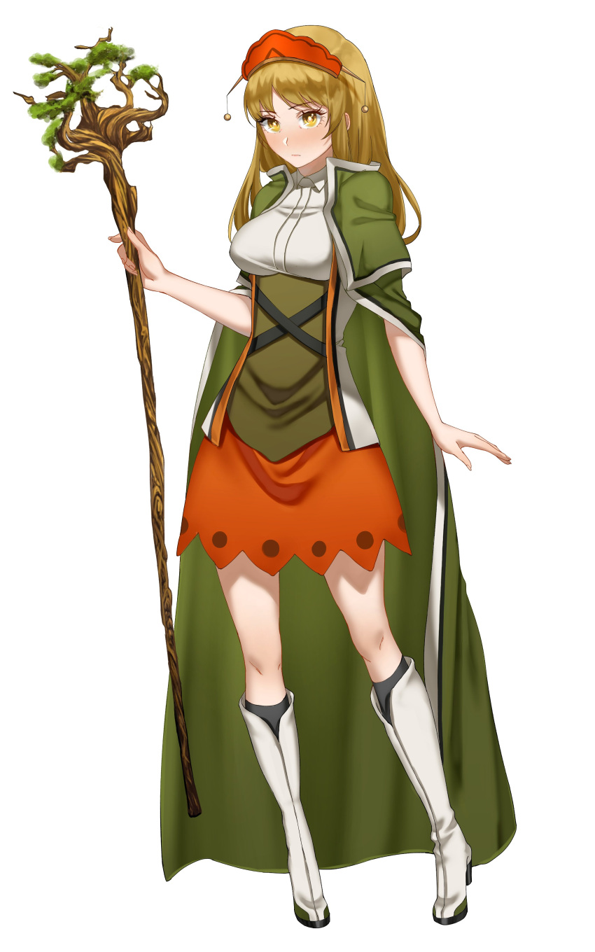 1girl absurdres bad_id bad_twitter_id black_legwear blonde_hair boots breasts bright_pupils cape closed_mouth contrapposto cozyu full_body green_cape highres holding holding_staff looking_at_viewer medium_breasts orange_skirt original sanpaku simple_background skirt socks solo staff white_background white_footwear white_pupils yellow_eyes