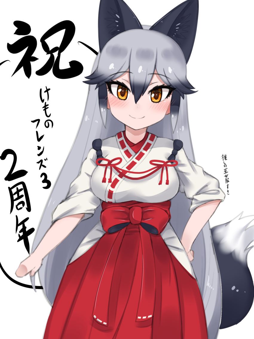 1girl animal_ears aramaru black_hair blush bow commentary_request extra_ears fox_ears fox_girl grey_hair hakama hakama_skirt highres japanese_clothes kemono_friends kemono_friends_3 long_hair looking_at_viewer miko multicolored_hair official_alternate_costume orange_eyes red_bow red_skirt shirt silver_fox_(kemono_friends) silver_hair skirt solo translation_request white_shirt
